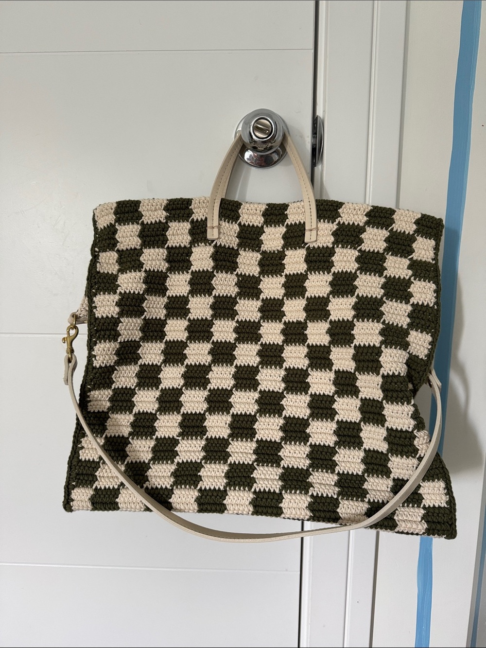 Clare V. Summer Simple Tote in Woven Checkerboard Olive & Cream - Picture 4 of 7